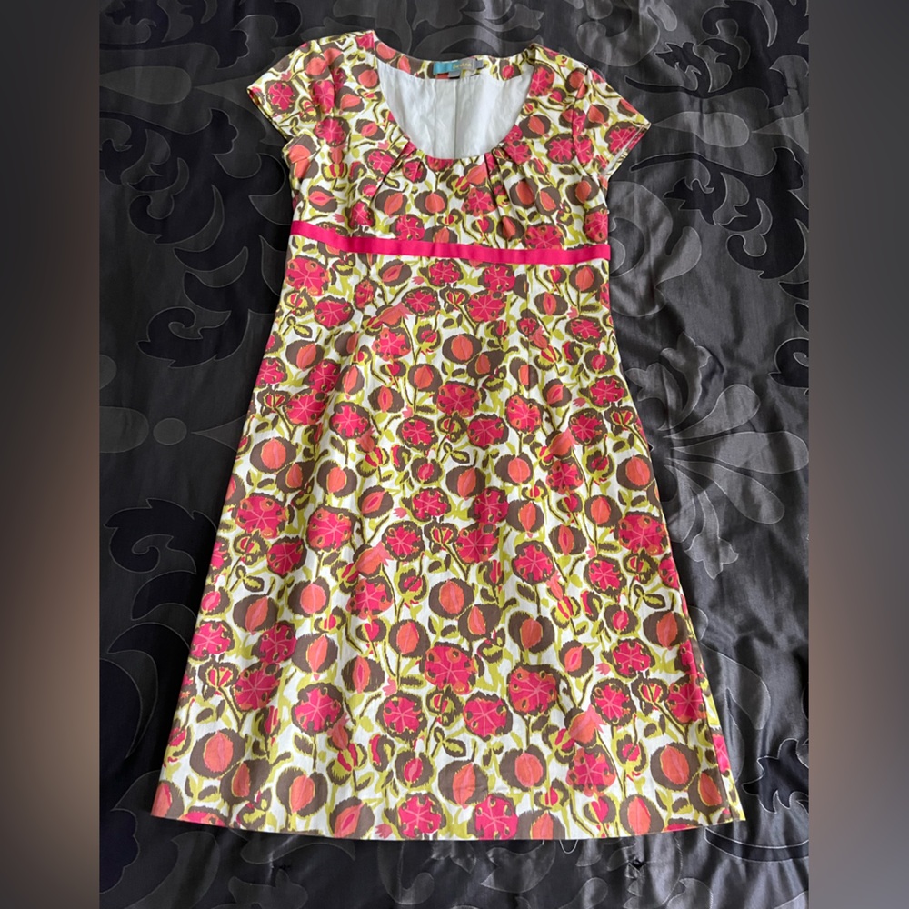 Boden Multicolor Floral Day Shift Dress Empire Waist Detail Short Sleeve Pink 8